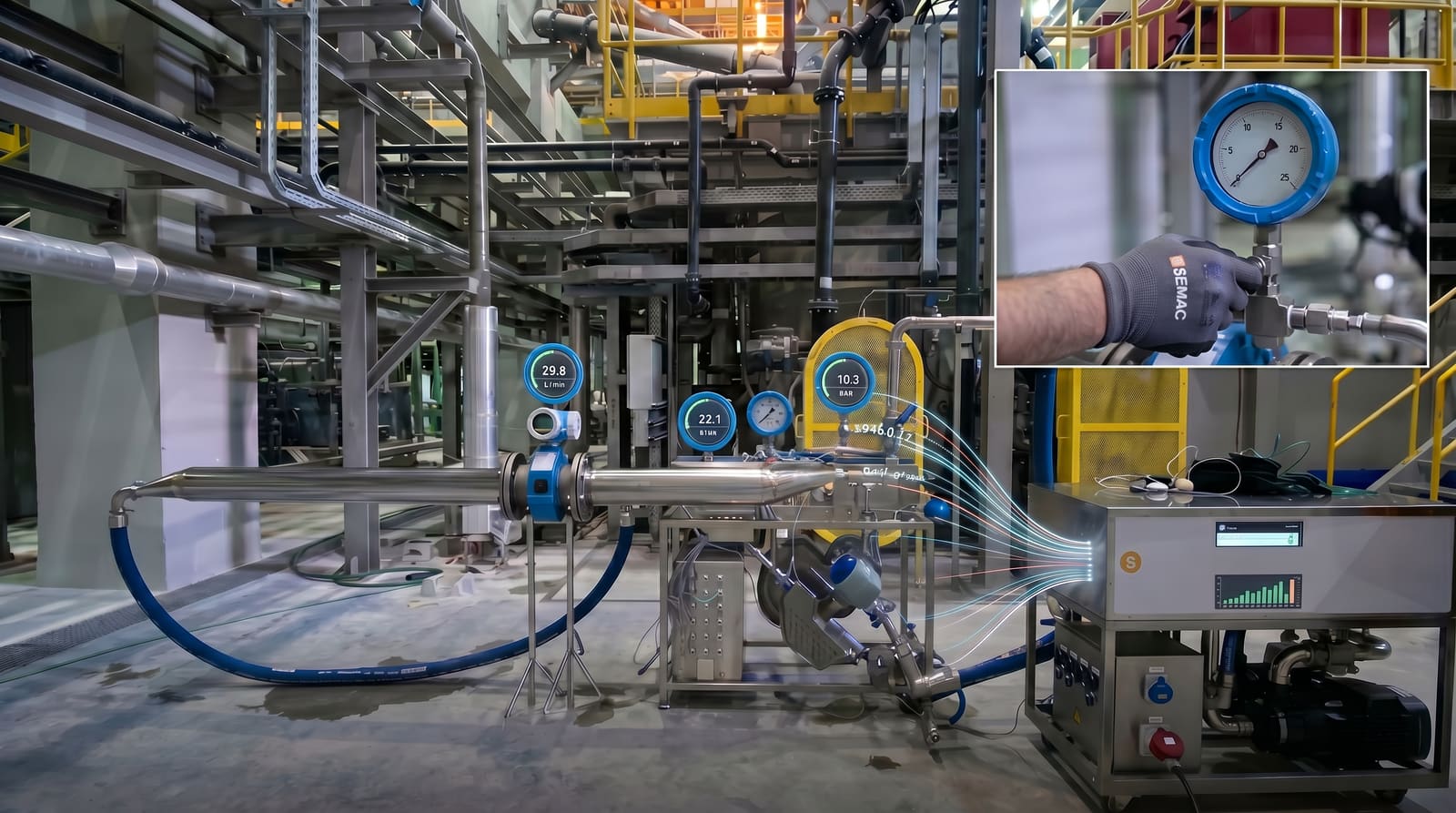 Field engineer performing on-site flow instrumentation verification at an industrial plant